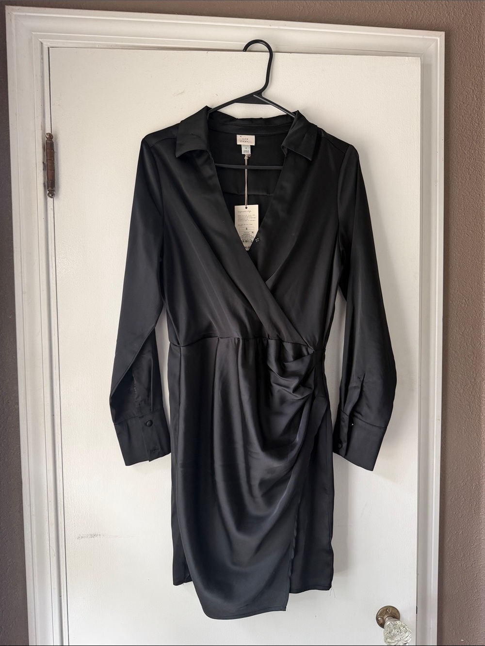 a new day Black Satin Wrap Shirt Dress